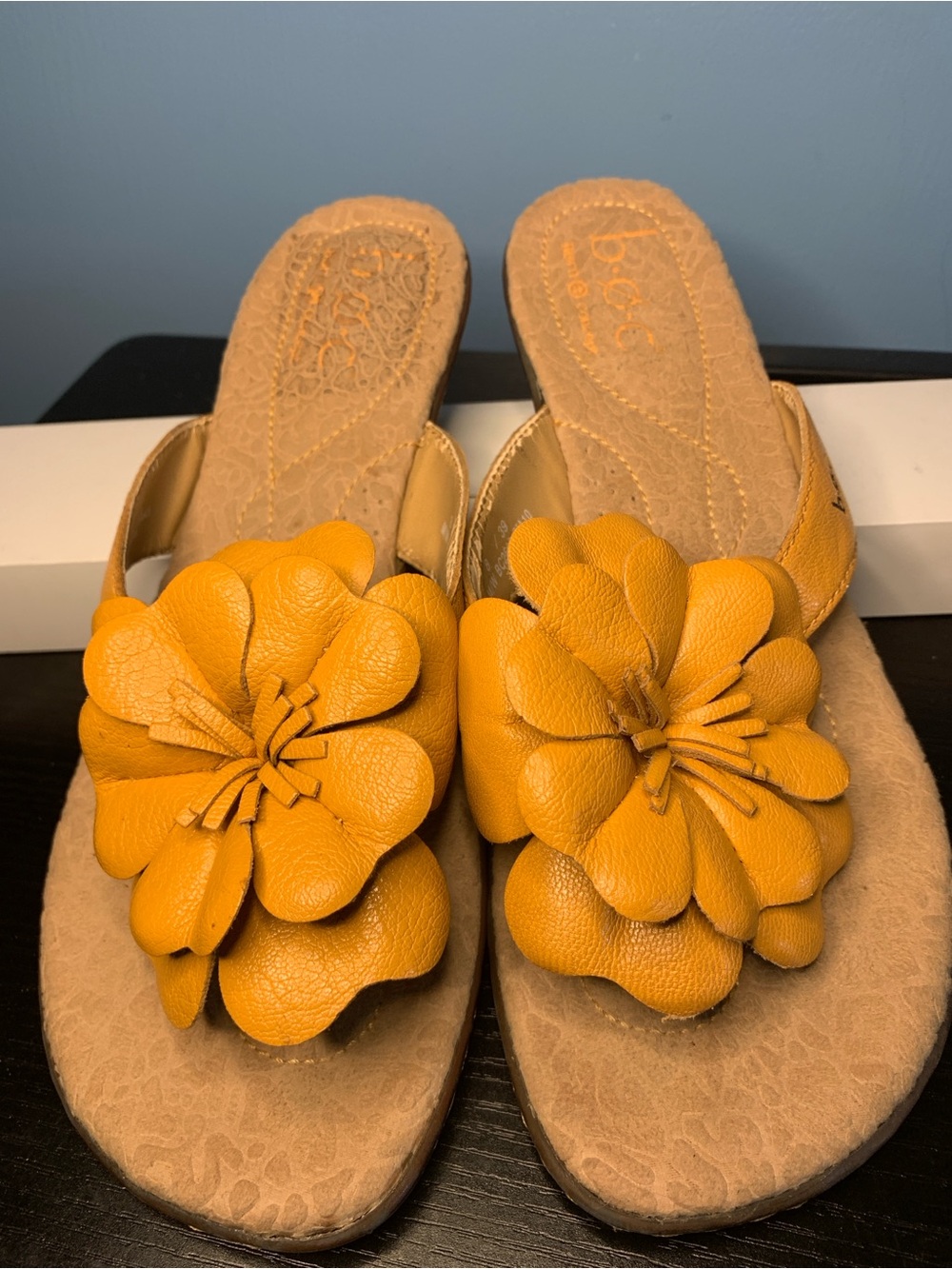 boc tan leather Floral Leather Slide wedge Sandals